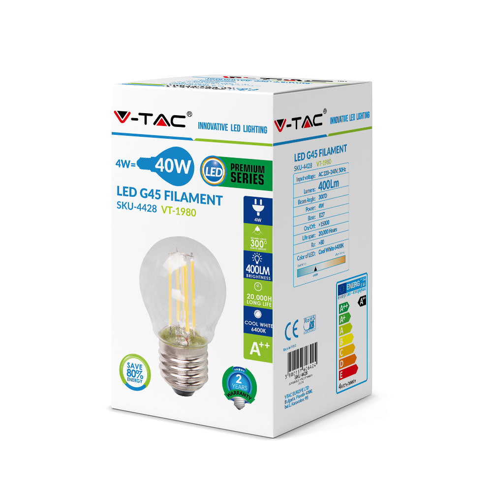 4W G45 Żarówka LED Filament / Klosz Transparentny / Barwa:6400K / Trzonek:E27