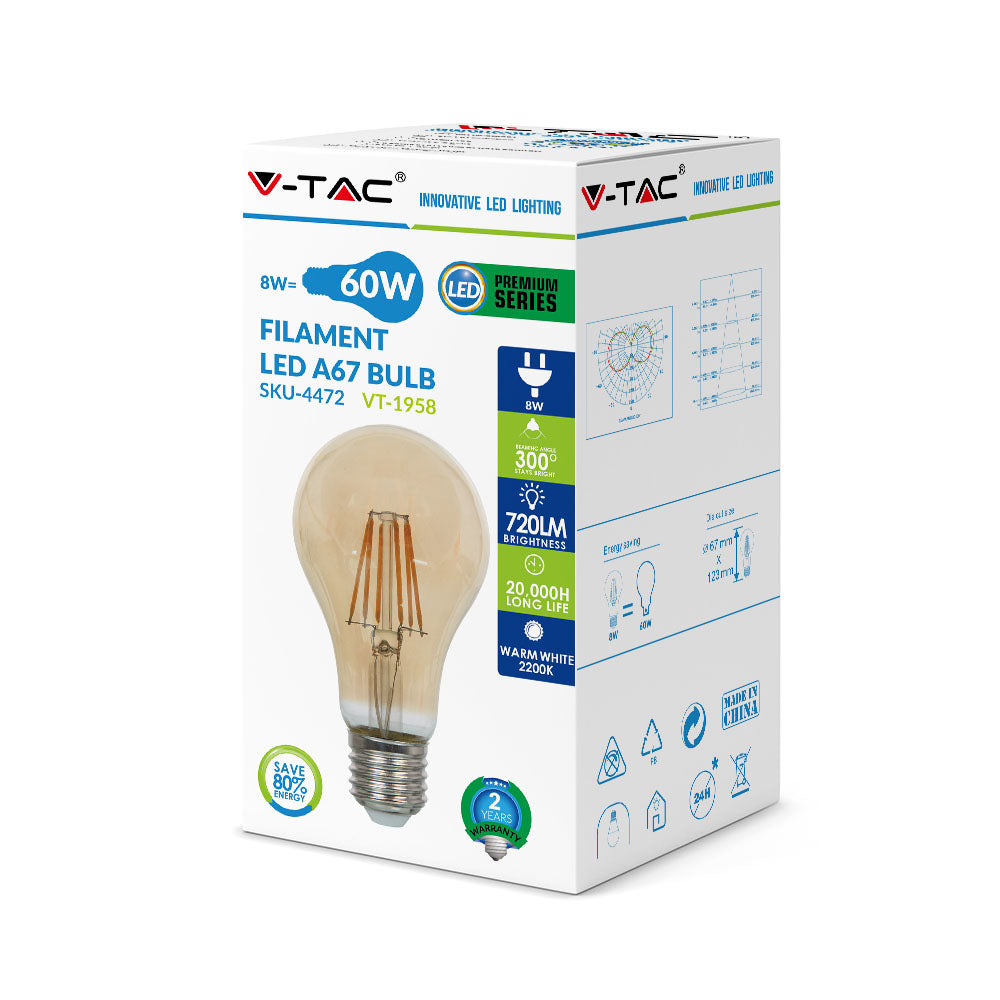 8W LED A67 Żarówka LED Filament / Klosz: Bursztynowy / Barwa:2200K / Trzonek:E27