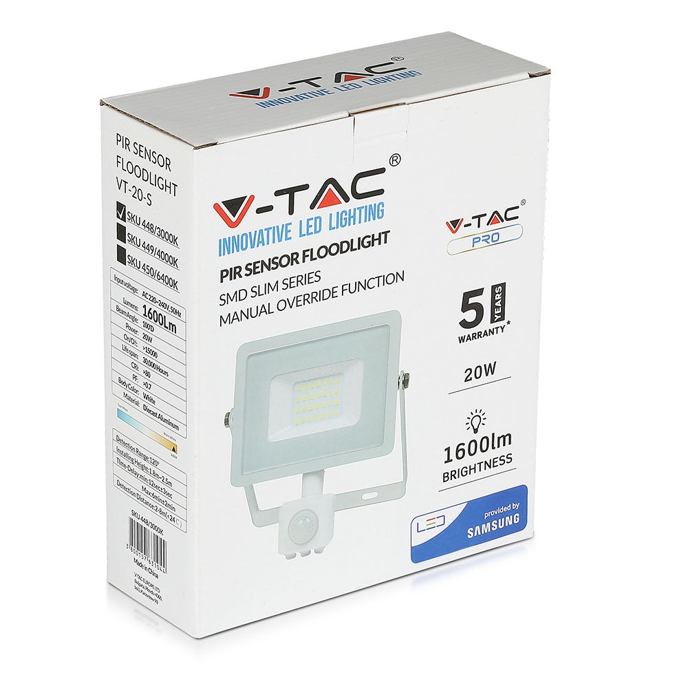 20W Naświetlacz LED SMD z czujnikiem ruchu / Chip SAMSUNG / Barwa:3000K / Obudowa: Biała