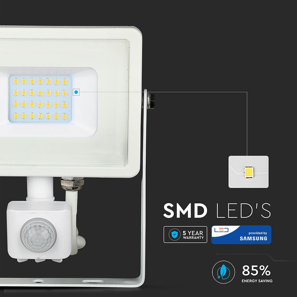 20W Naświetlacz LED SMD z czujnikiem ruchu / Chip SAMSUNG / Barwa:3000K / Obudowa: Biała