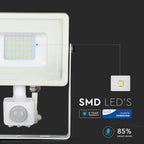 20W Naświetlacz LED SMD z czujnikiem ruchu / Chip SAMSUNG / Barwa:6400K / Obudowa: Biała