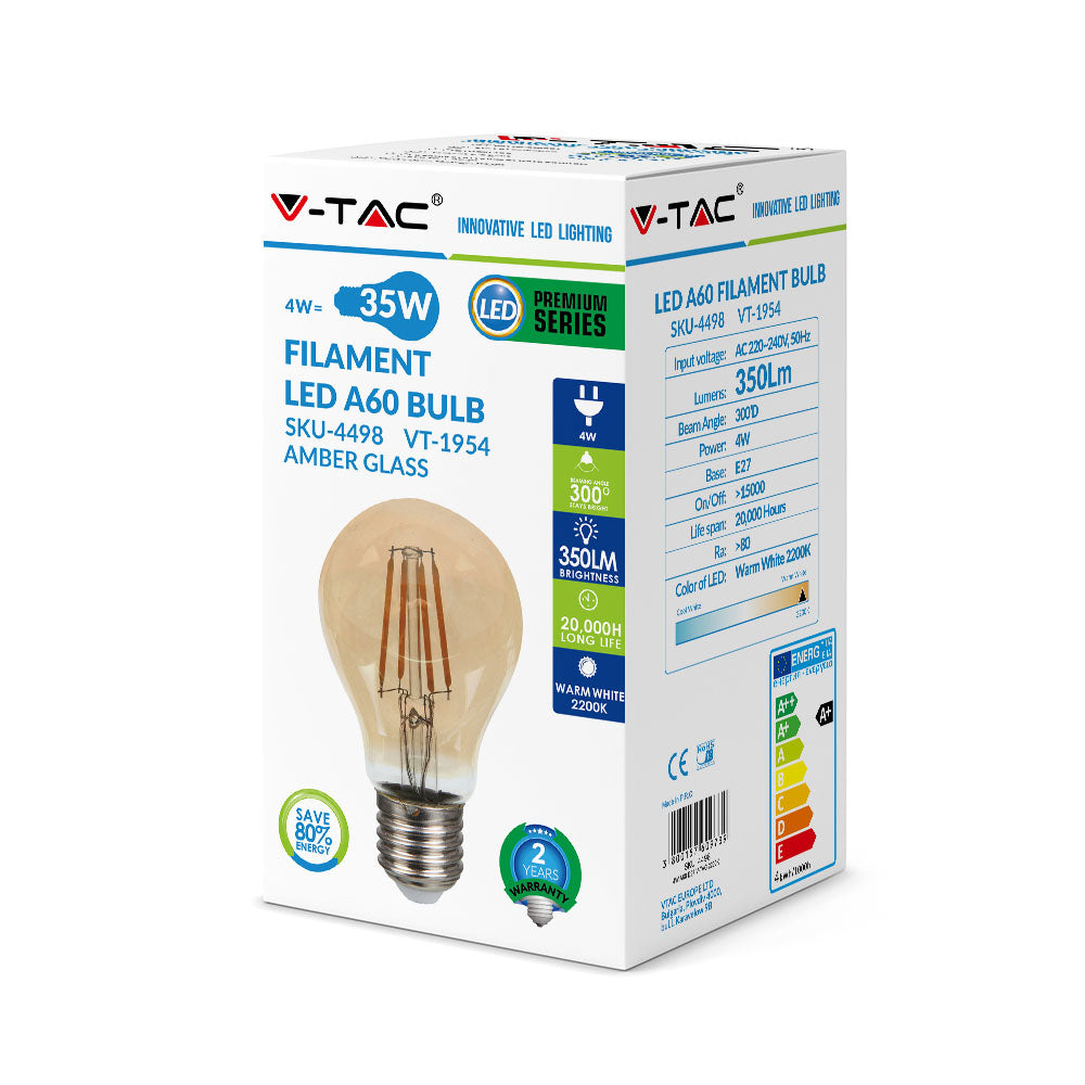 4W A60 Żarówka LED Filament / Klosz: Bursztynowy / Barwa:2200K / Trzonek:E27