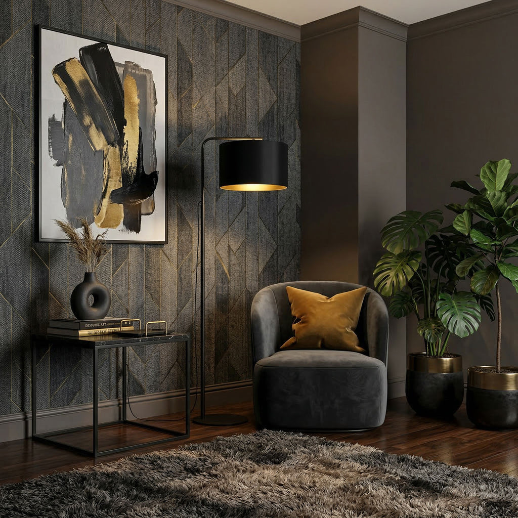 lampa podł. Arden ramię, black, cylinder shade dia 400, h 250 black/gold 1xE27