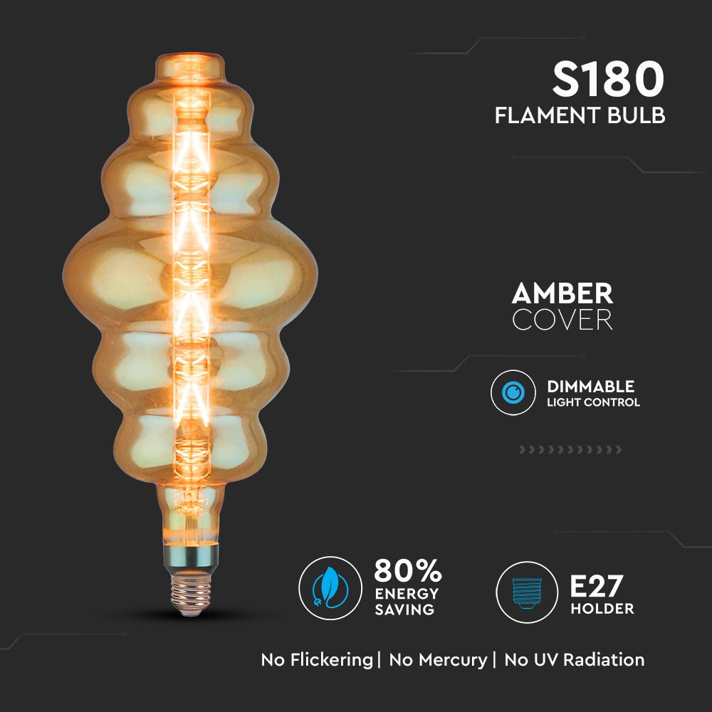 8W Żarówka dekoracyjna LED S180 / Klosz: Bursztynowy / Barwa:2200K / Ściemniana / Trzonek:E27