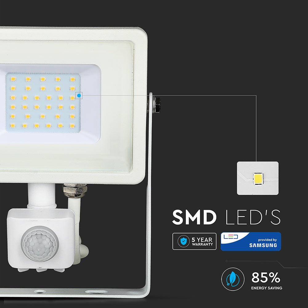 30W Naświetlacz LED SMD z czujnikiem ruchu / Chip SAMSUNG / Barwa:6400K / Obudowa: Biała