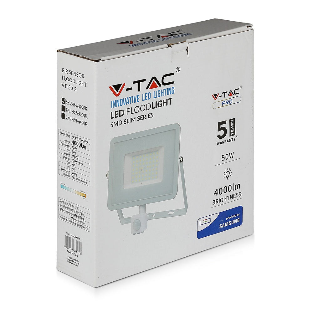 50W Naświetlacz LED SMD z czujnikiem ruchu / Chip SAMSUNG / Barwa:3000K / Obudowa: Biała