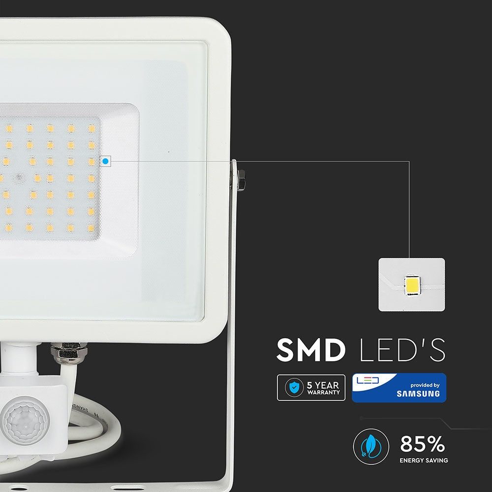 50W Naświetlacz LED SMD z czujnikiem ruchu / Chip SAMSUNG / Barwa:4000K / Obudowa: Biała