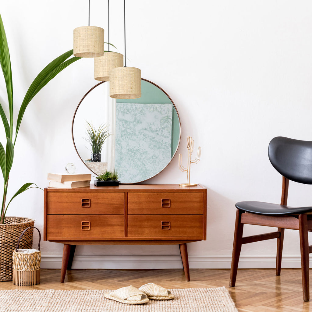 żyrandol talerz dia 300, Rattan cylinder shade dia 180, h 150 3xE27