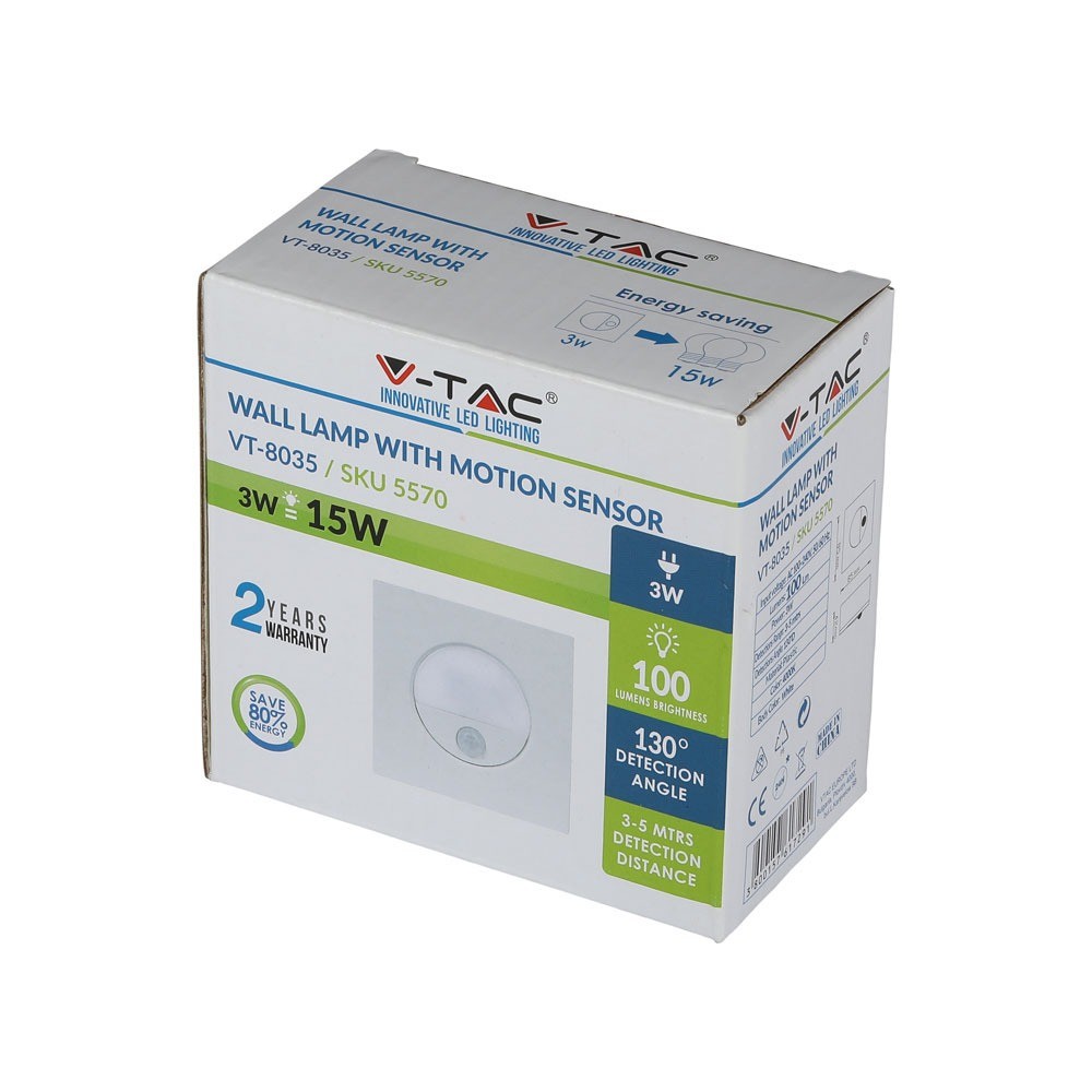 3W Oprawa schodowa LED z czujnikiem ruchu / Barwa:4000K / Obudowa: Biała / Kwadrat