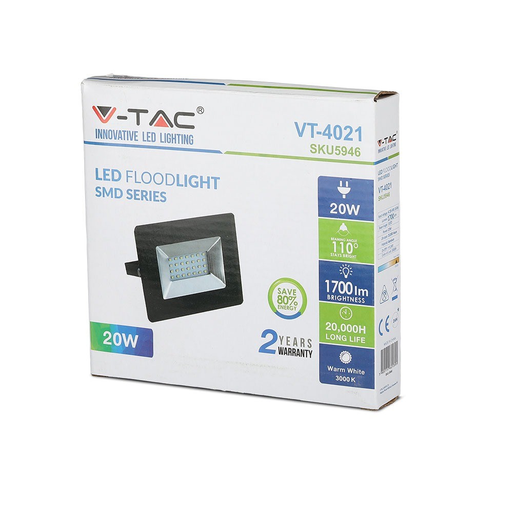 20W Naświetlacz LED SMD / Barwa:3000K / Obudowa: Czarna
