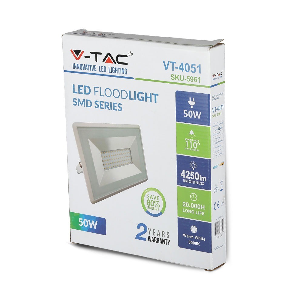 50W Naświetlacz LED SMD / Barwa:3000K / Obudowa: Biała