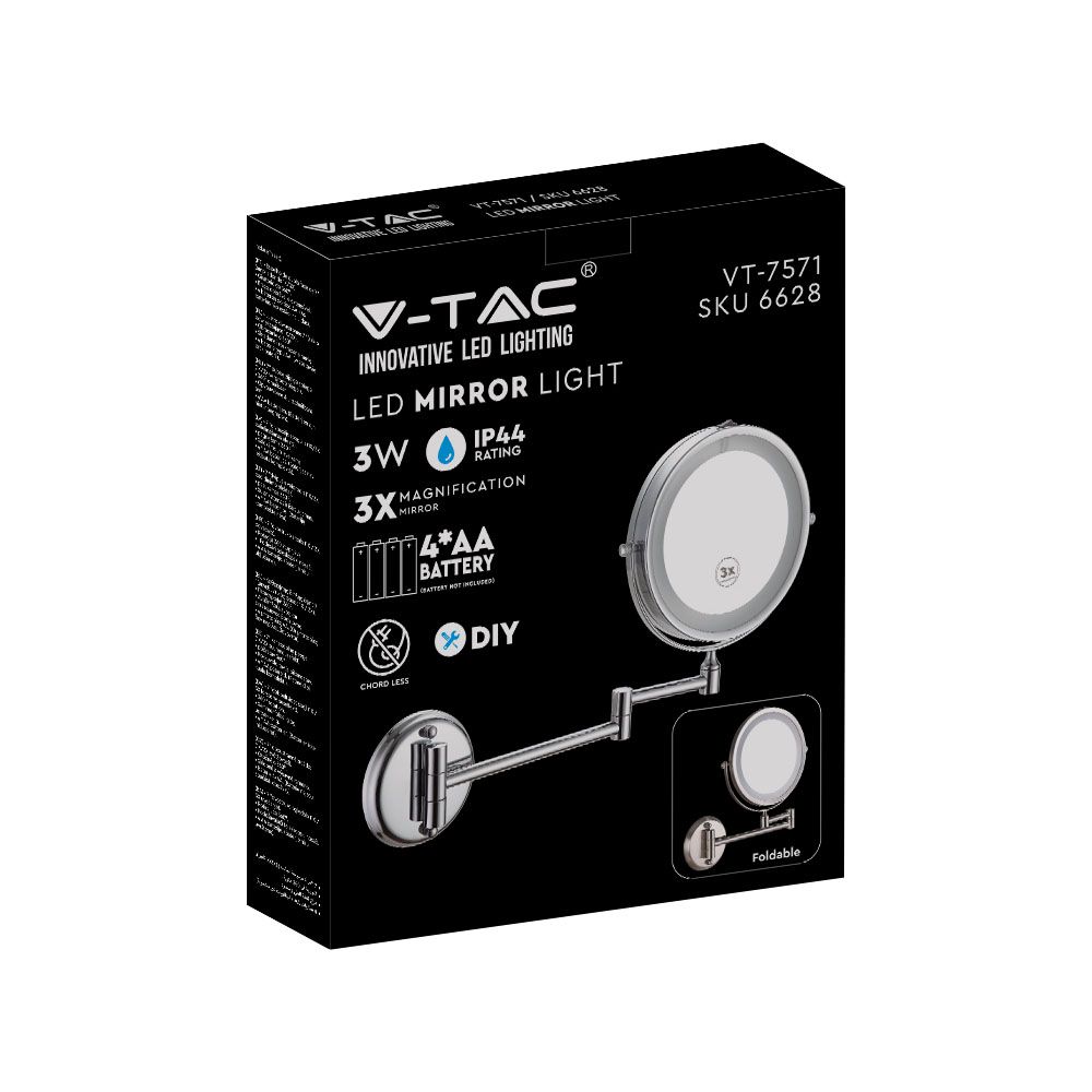 3W Lusterko kosmetyczne ścienne z podświetleniem LED / Zasilanie: 4xAAA / Barwa:6400k