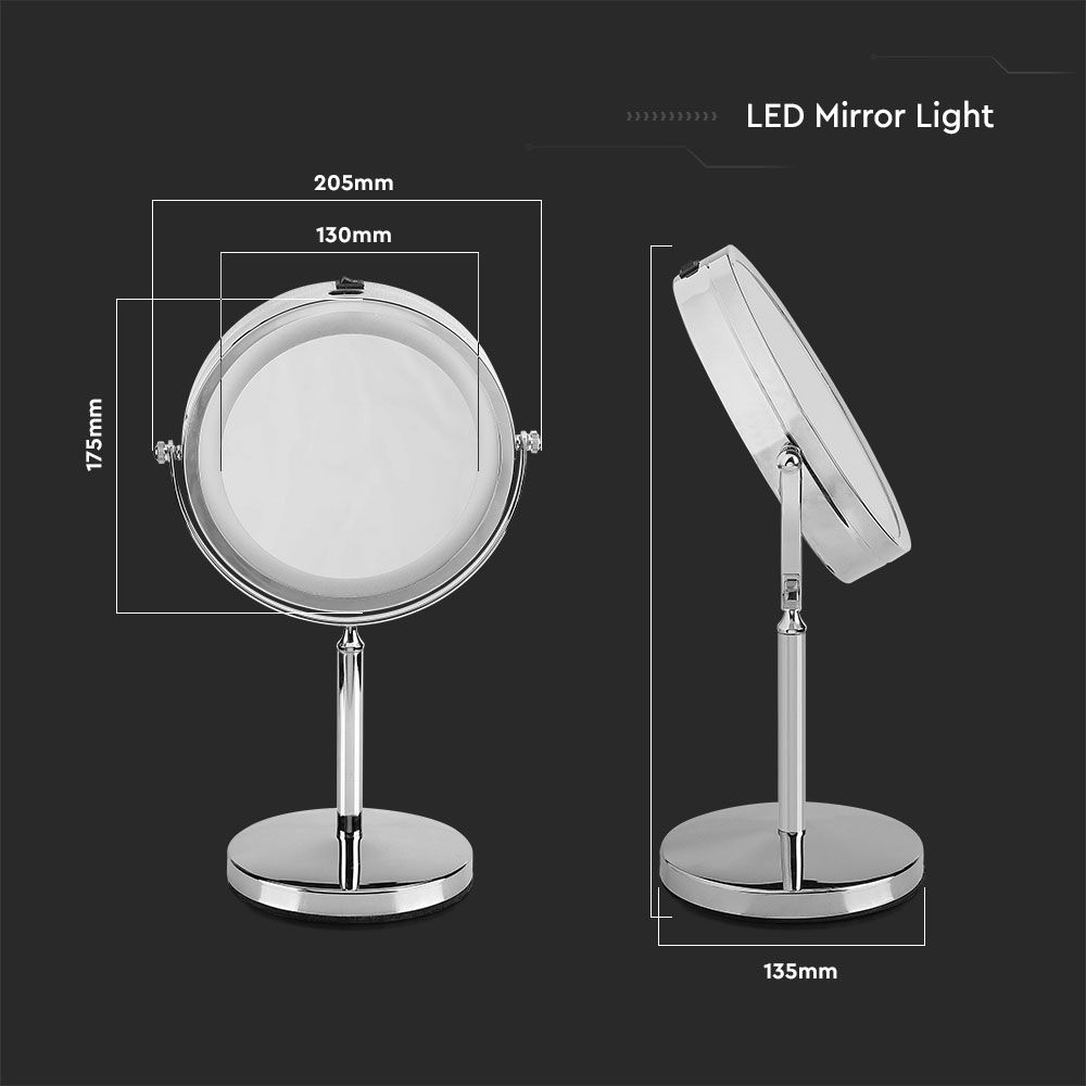 3W Lusterko kosmetyczne na biurko z podświetleniem LED / Zasilanie: 4xAAA / Barwa:6400k