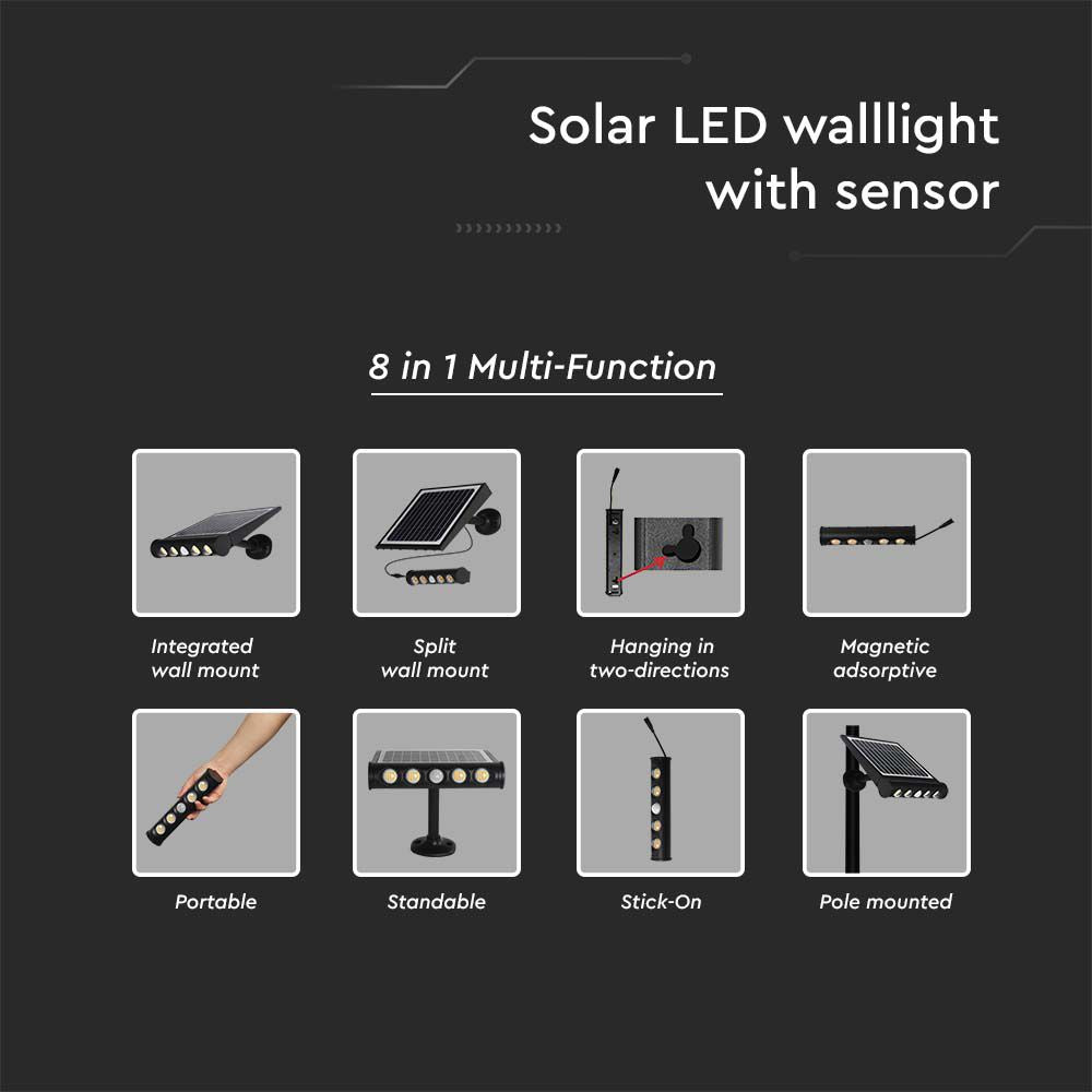 8W Solarny Naświetlacz LED z czujnikiem ruchu / Barwa:4000K / Obudowa: Czarna / IP65