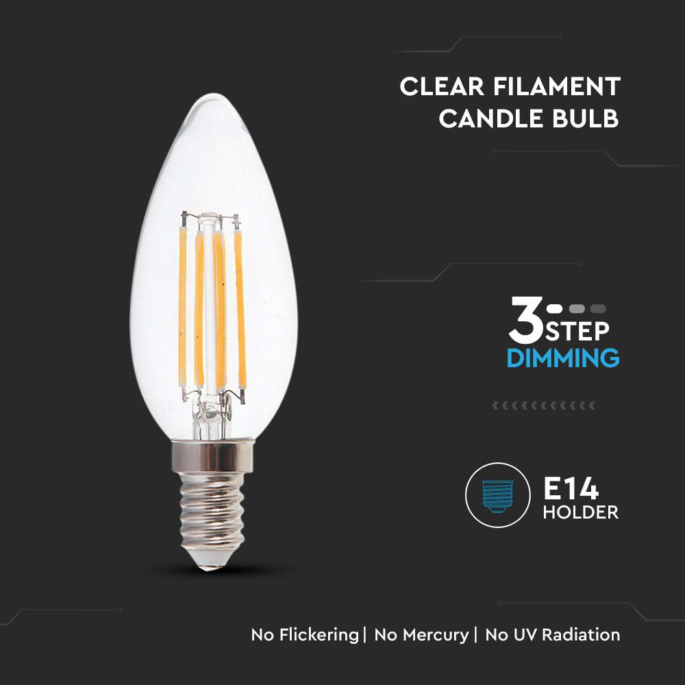 4W C35 Żarówka LED Filament / Klosz Transparentny / Barwa:3000K / Ściemniana - 3 stopnie / Trzonek:E14
