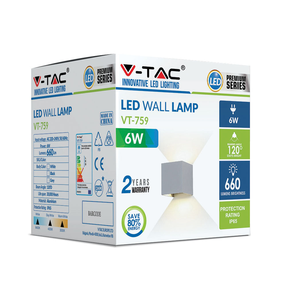 6W Kinkiet kwadrat LED / CHIP BRIDGELUX / Barwa:3000K / Szary