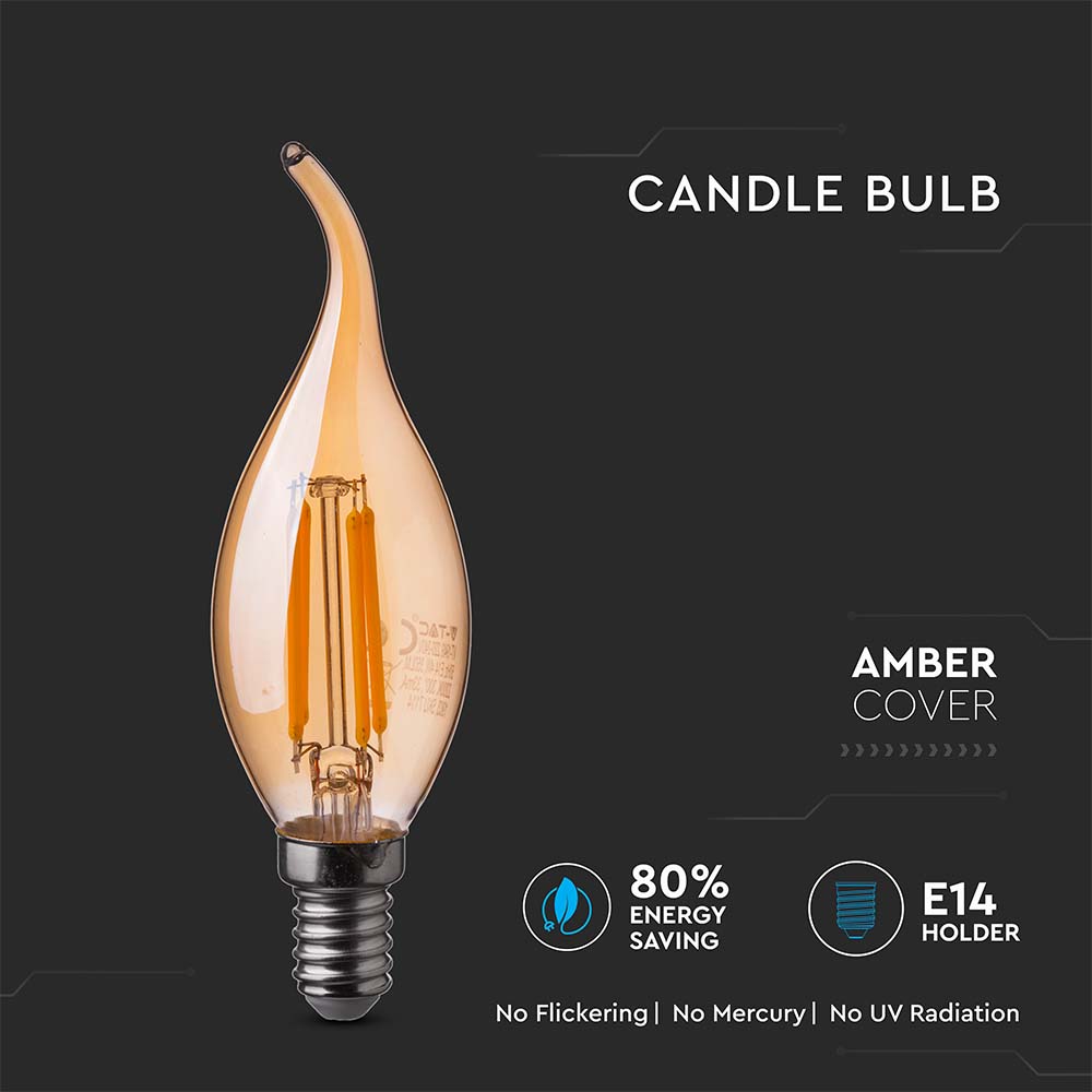 4W C35 Żarówka LED Filament / Klosz: Bursztynowy kręcony płomyk / Barwa:2200K / Trzonek:E14