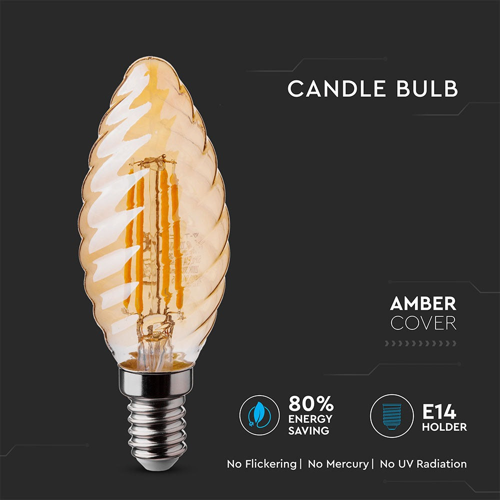 4W C35 Żarówka LED Filament / Klosz: Bursztynowy kręcony / Barwa:2200K / Trzonek:E14