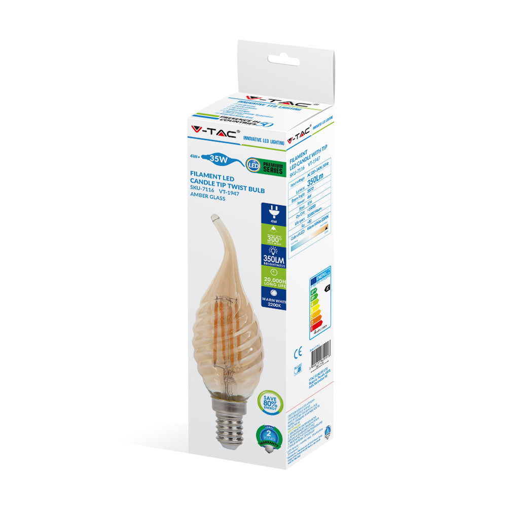 4W C35 Żarówka LED Filament / Klosz: Bursztynowy kręcony płomyk / Barwa:2200K / Trzonek:E14