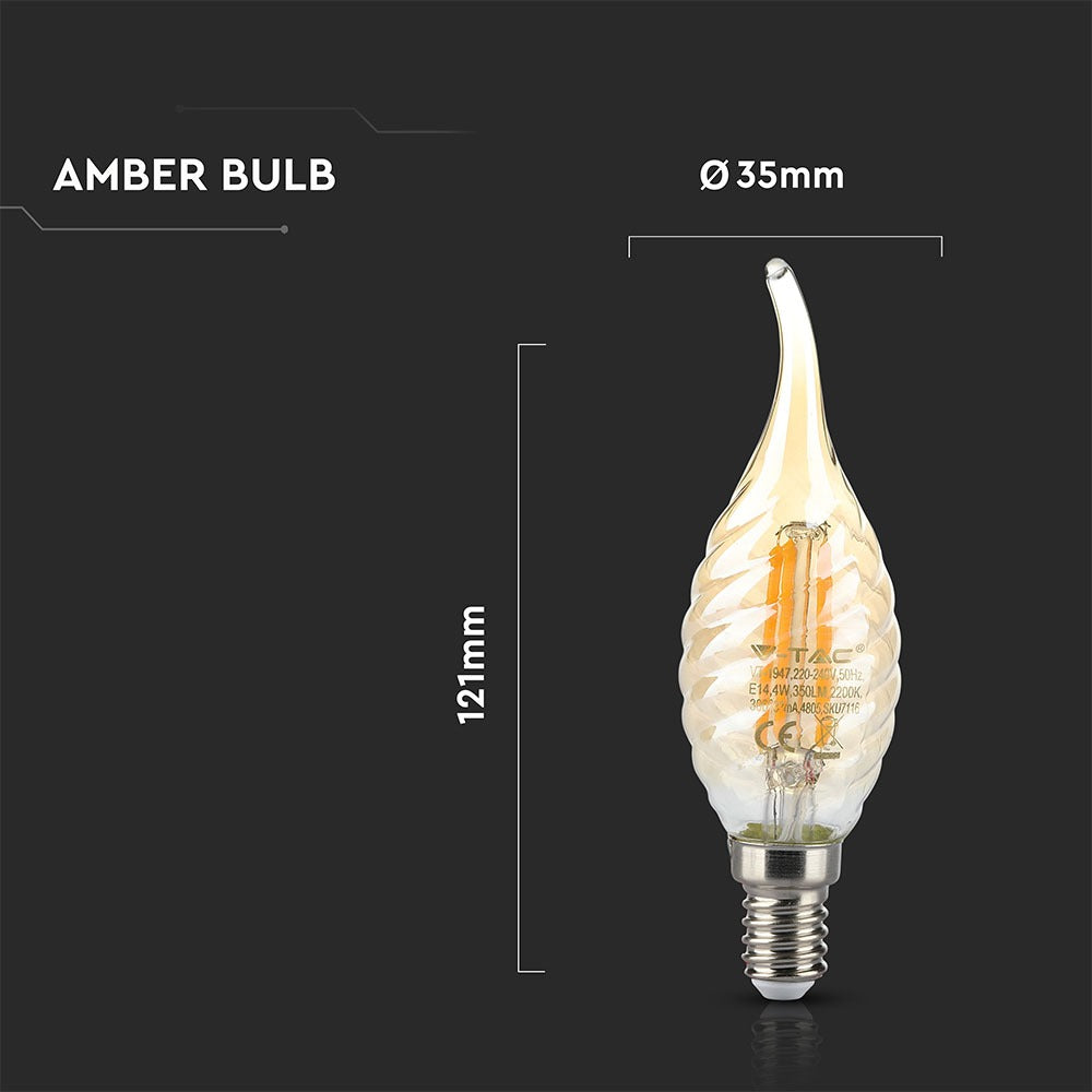 4W C35 Żarówka LED Filament / Klosz: Bursztynowy kręcony płomyk / Barwa:2200K / Trzonek:E14