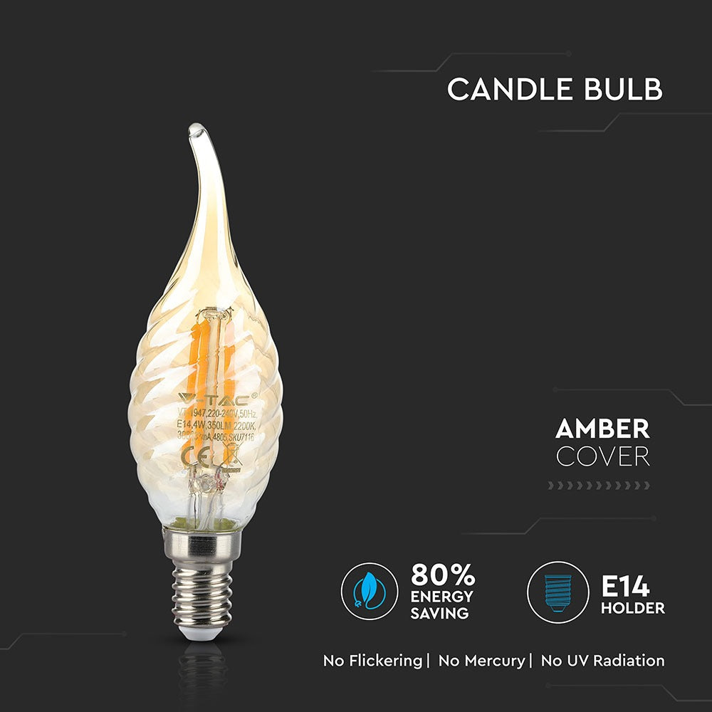 4W C35 Żarówka LED Filament / Klosz: Bursztynowy kręcony płomyk / Barwa:2200K / Trzonek:E14
