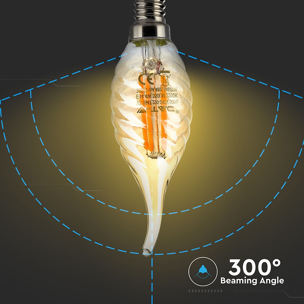 4W C35 Żarówka LED Filament / Klosz: Bursztynowy kręcony płomyk / Barwa:2200K / Trzonek:E14