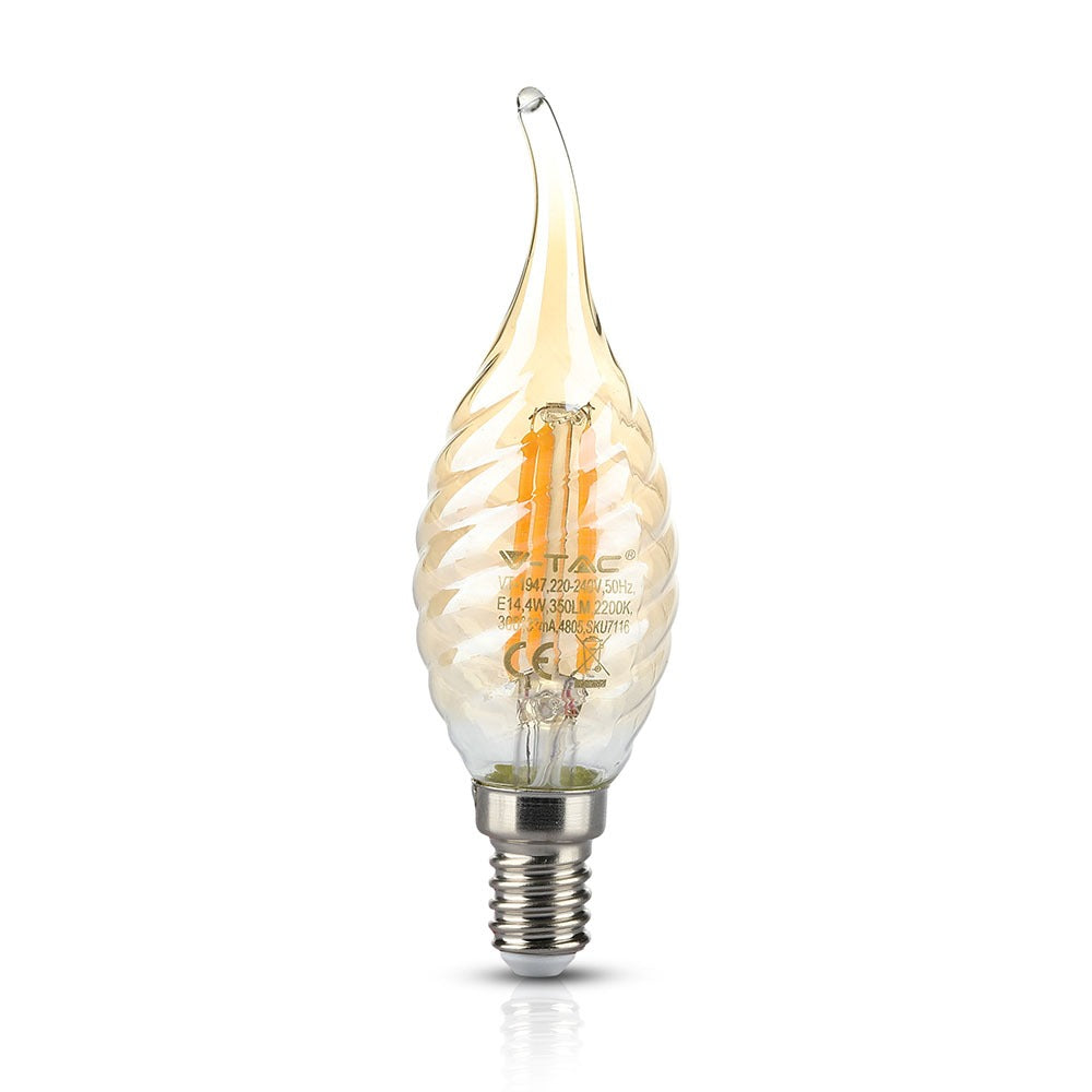4W C35 Żarówka LED Filament / Klosz: Bursztynowy kręcony płomyk / Barwa:2200K / Trzonek:E14