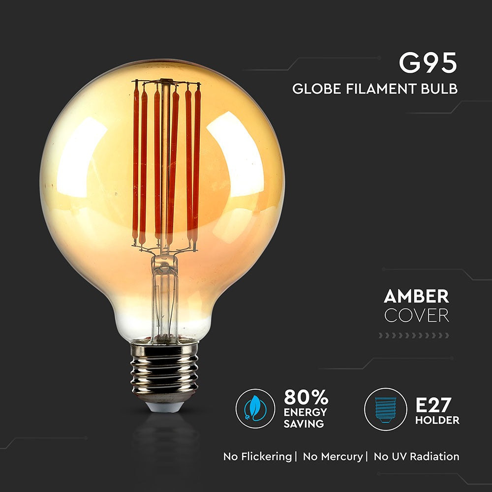 7W G95 Żarówka LED Filament / Klosz Bursztynowy / Barwa:2200K / Trzonek:E27