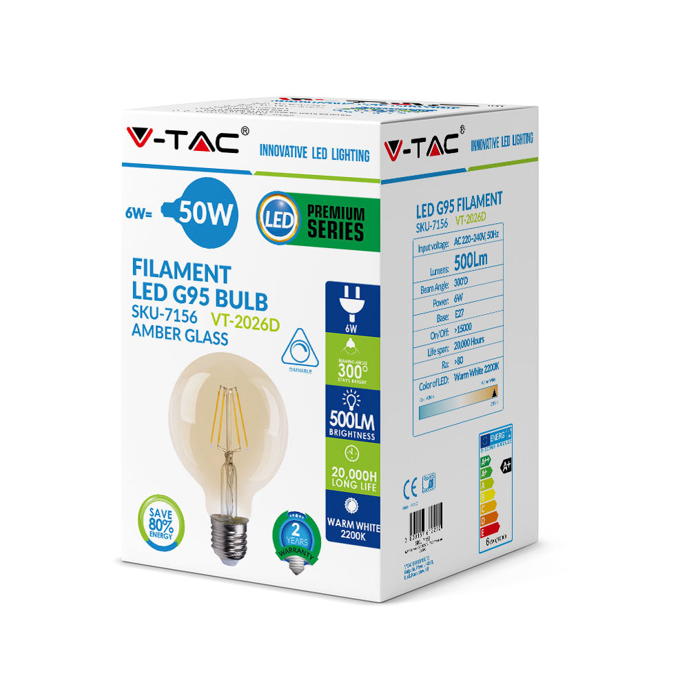 6W G95 Żarówka LED Filament / Klosz Bursztynowy / Barwa:2200K / Ściemniana / Trzonek:E27