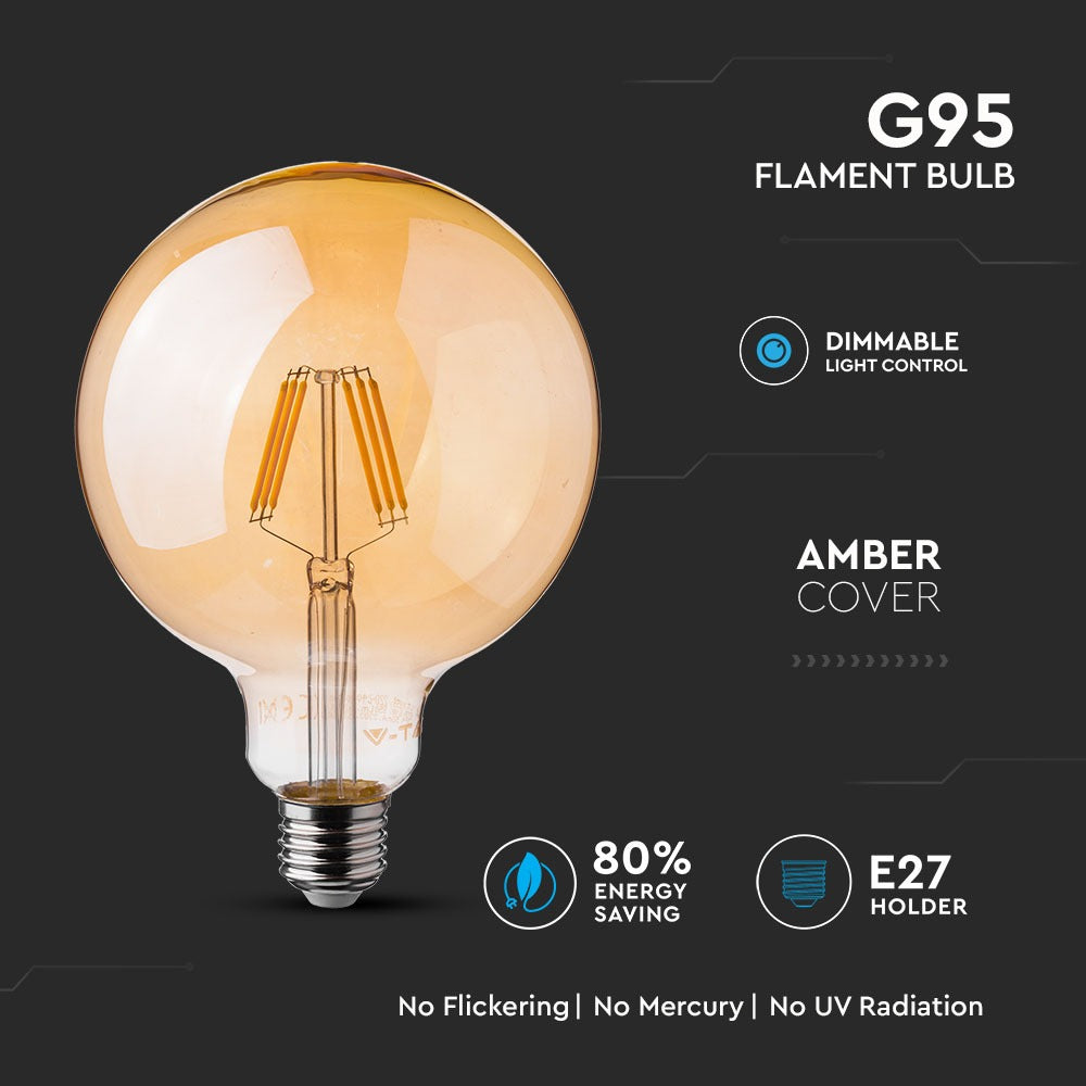 6W G95 Żarówka LED Filament / Klosz Bursztynowy / Barwa:2200K / Ściemniana / Trzonek:E27