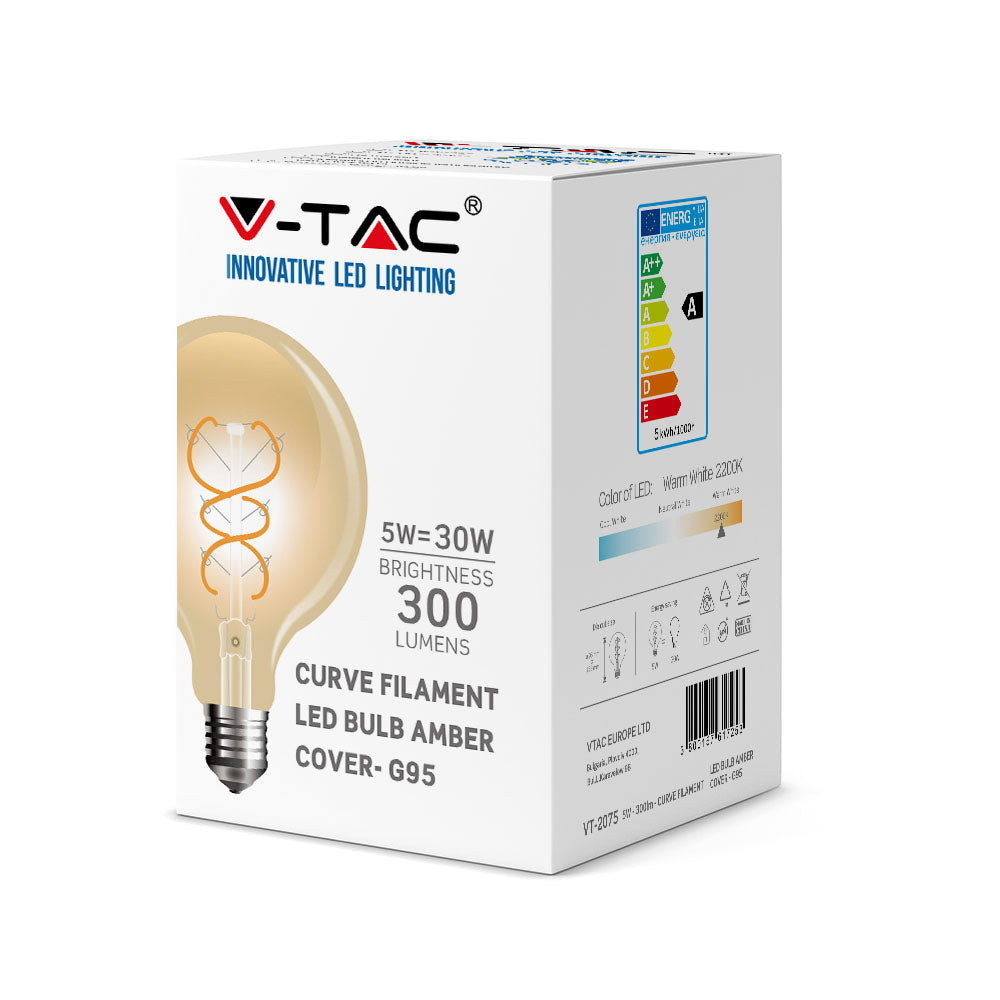 5W G95 Żarówka LED Filament Globe / Barwa:2200K / Klosz: Bursztynowy / Trzonek: E27