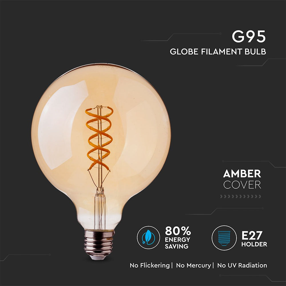 5W G95 Żarówka LED Filament Globe / Barwa:2200K / Klosz: Bursztynowy / Trzonek: E27