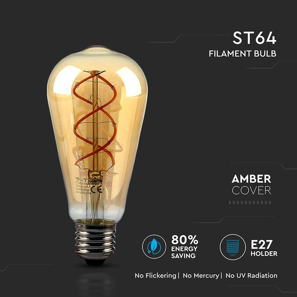 5W ST64 Żarówka LED Filament / Barwa:2200K / Klosz: Bursztynowy / Trzonek: E27