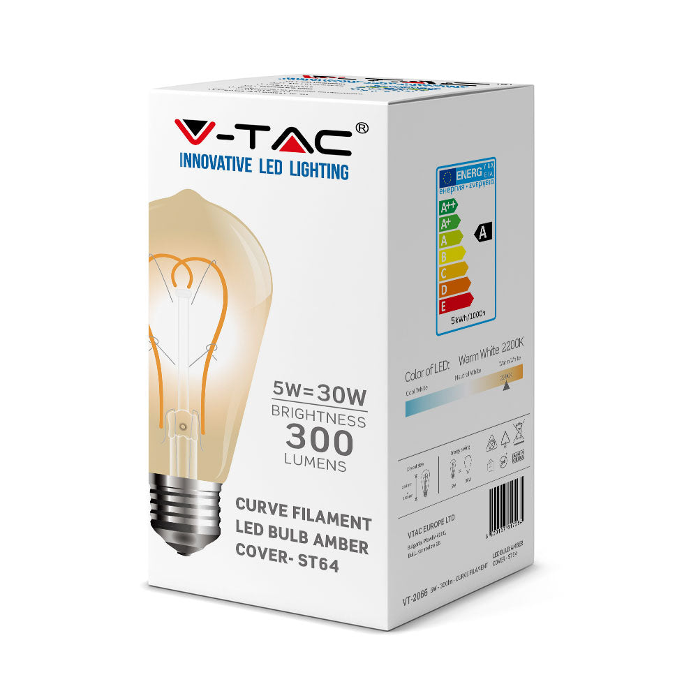 5W ST64 Żarówka LED Filament-Deko / Barwa:2200K / Klosz: Bursztynowy / Trzonek: E27