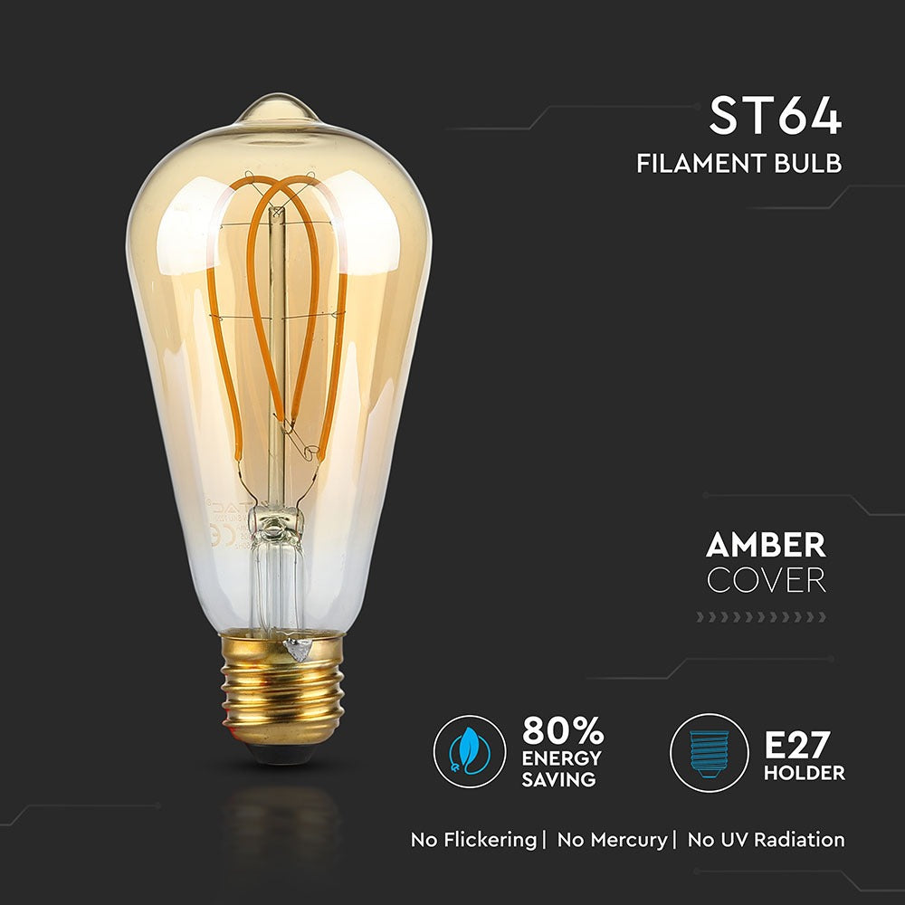 5W ST64 Żarówka LED Filament-Deko / Barwa:2200K / Klosz: Bursztynowy / Trzonek: E27