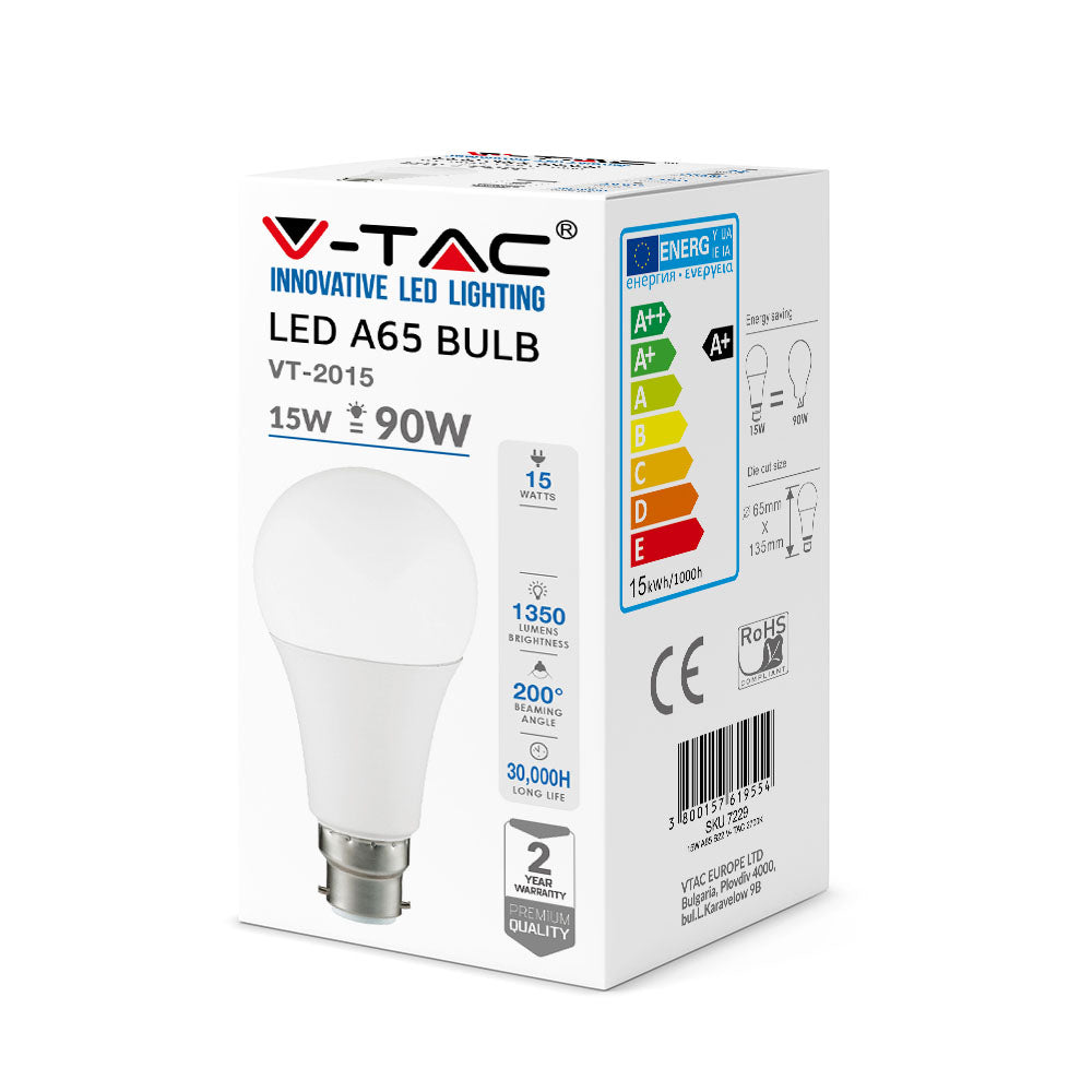15W A65 Żarówka LED / Barwa:2700K / Trzonek:B22 / Kąt 200'D