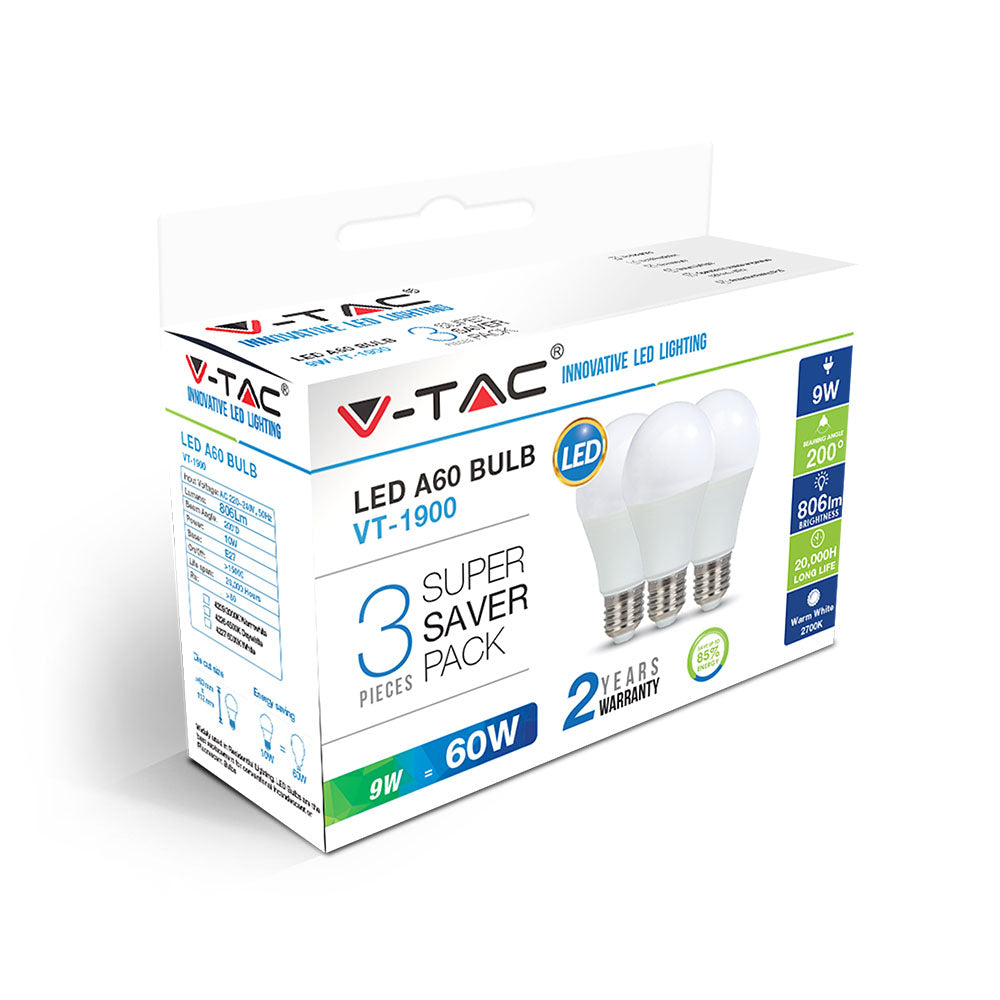 9W A60 Żarówka LED / Barwa:2700K / Trzonek:E27 / Opakowanie: 3szt.