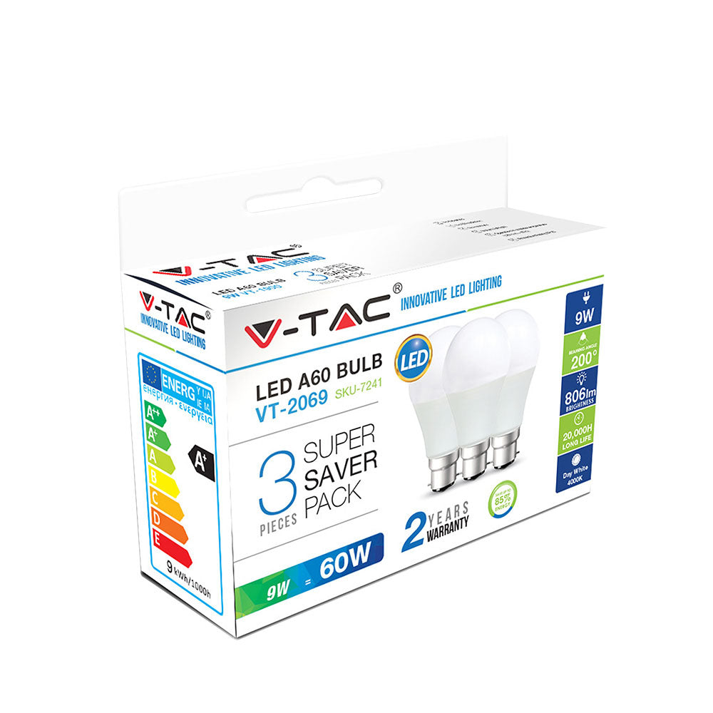 9W A60 Żarówka LED / Barwa:2700K / Trzonek:B22 / opk 3szt