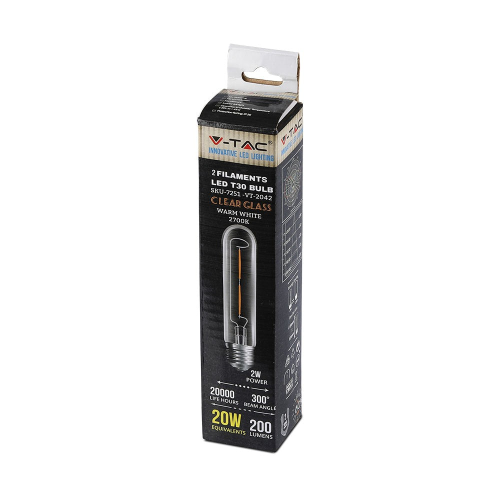 2W T30 Żarówka LED Filament / klosz: Transparentny / Barwa:2700K / Trzonek:E27