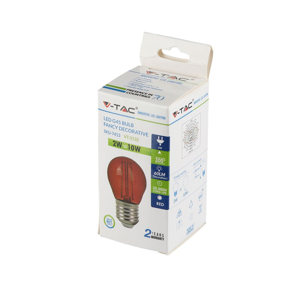 2W G45 Żarówka LED Filament / Czerwony / Trzonek:E27