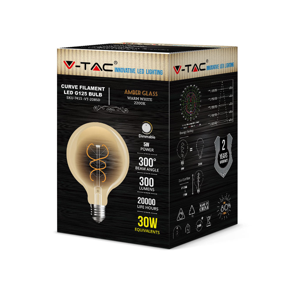 5W Żarówka LED G125 Filament / Barwa:2200K / Klosz Bursztynowy / Trzonek:E27