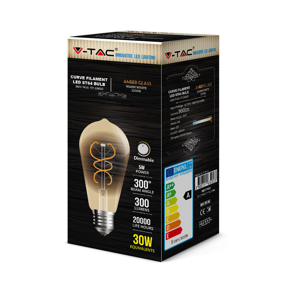 5W ST64 Żarówka LED Filament / Barwa:2200K / Klosz Bursztynowy / Ściemniana / Trzonek:E27