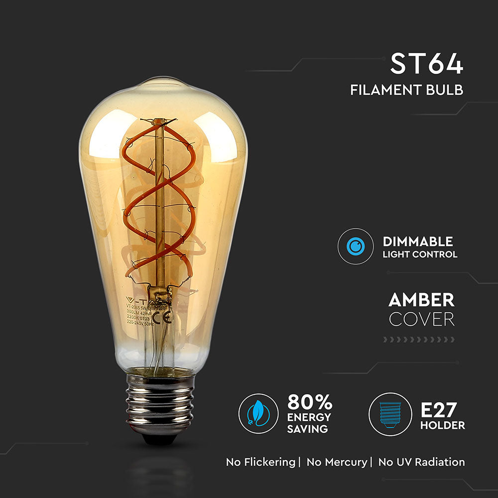 5W ST64 Żarówka LED Filament / Barwa:2200K / Klosz Bursztynowy / Ściemniana / Trzonek:E27