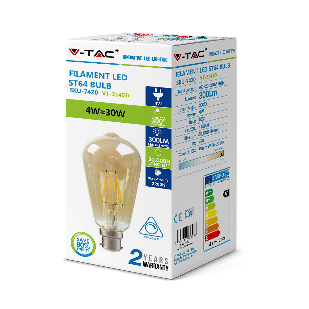 4W Żarówka LED Filament ST64/ Klosz Bursztynowy / Barwa:2200K / Ściemniana / Trzonek:B22