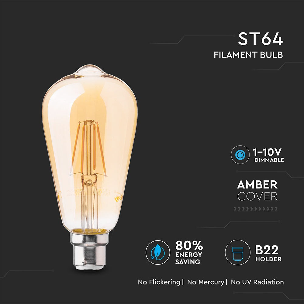 4W Żarówka LED Filament ST64/ Klosz Bursztynowy / Barwa:2200K / Ściemniana / Trzonek:B22