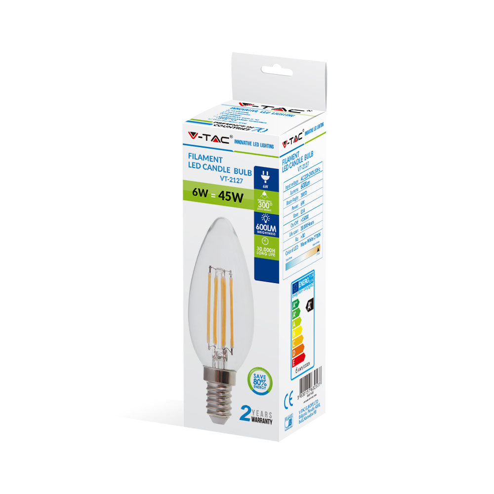 6W C35 Żarówka LED Filament / Klosz Transparentny / Barwa:2700K / Trzonek:E14