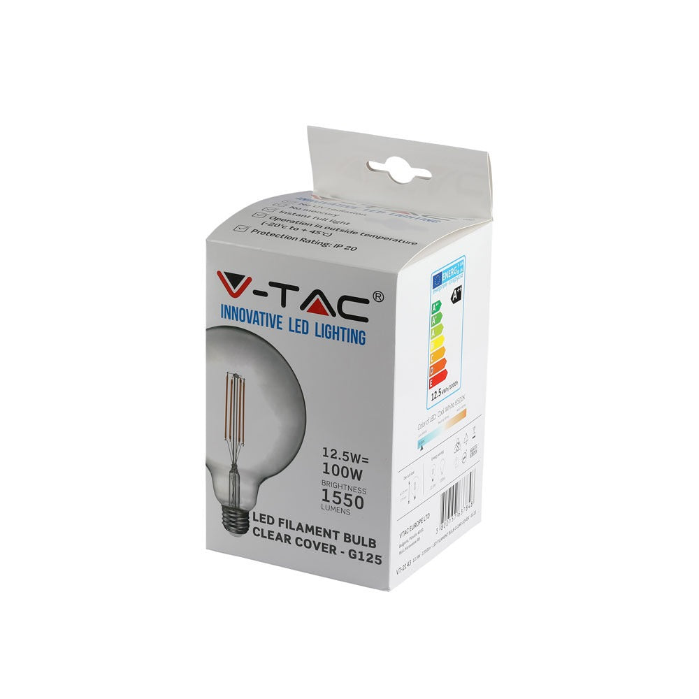 12.5W G125 Żarówka LED Filament / Klosz Transparentny / BARWA:3000K / Trzonek:E27