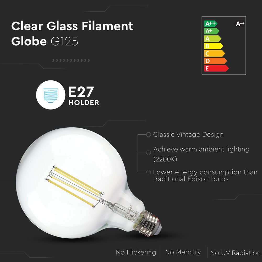 12.5W G125 Żarówka LED Filament / Klosz Transparentny / BARWA:3000K / Trzonek:E27
