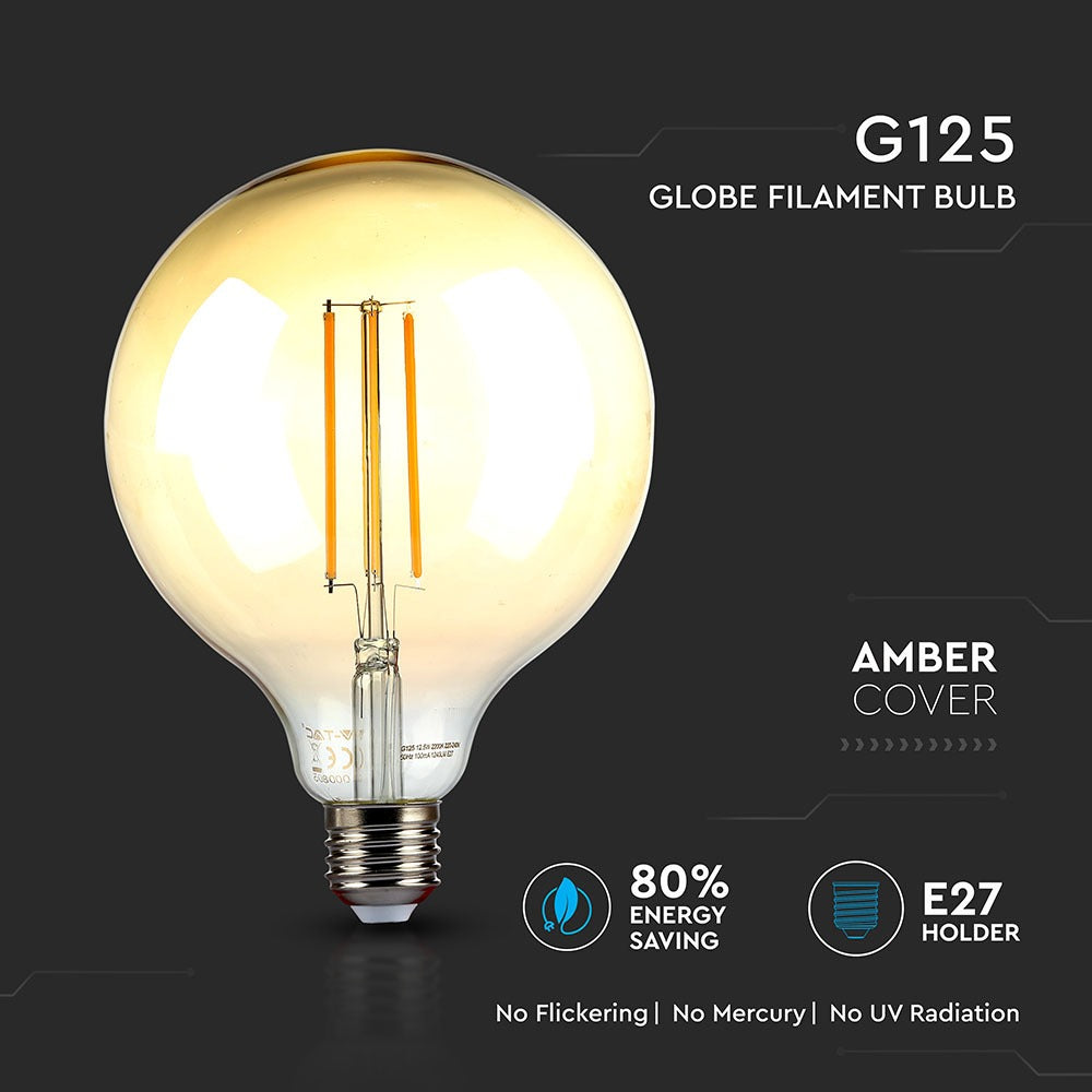 12.5W G125 Żarówka LED Filament / Klosz Bursztynowy / BARWA:2200K / Trzonek:E27