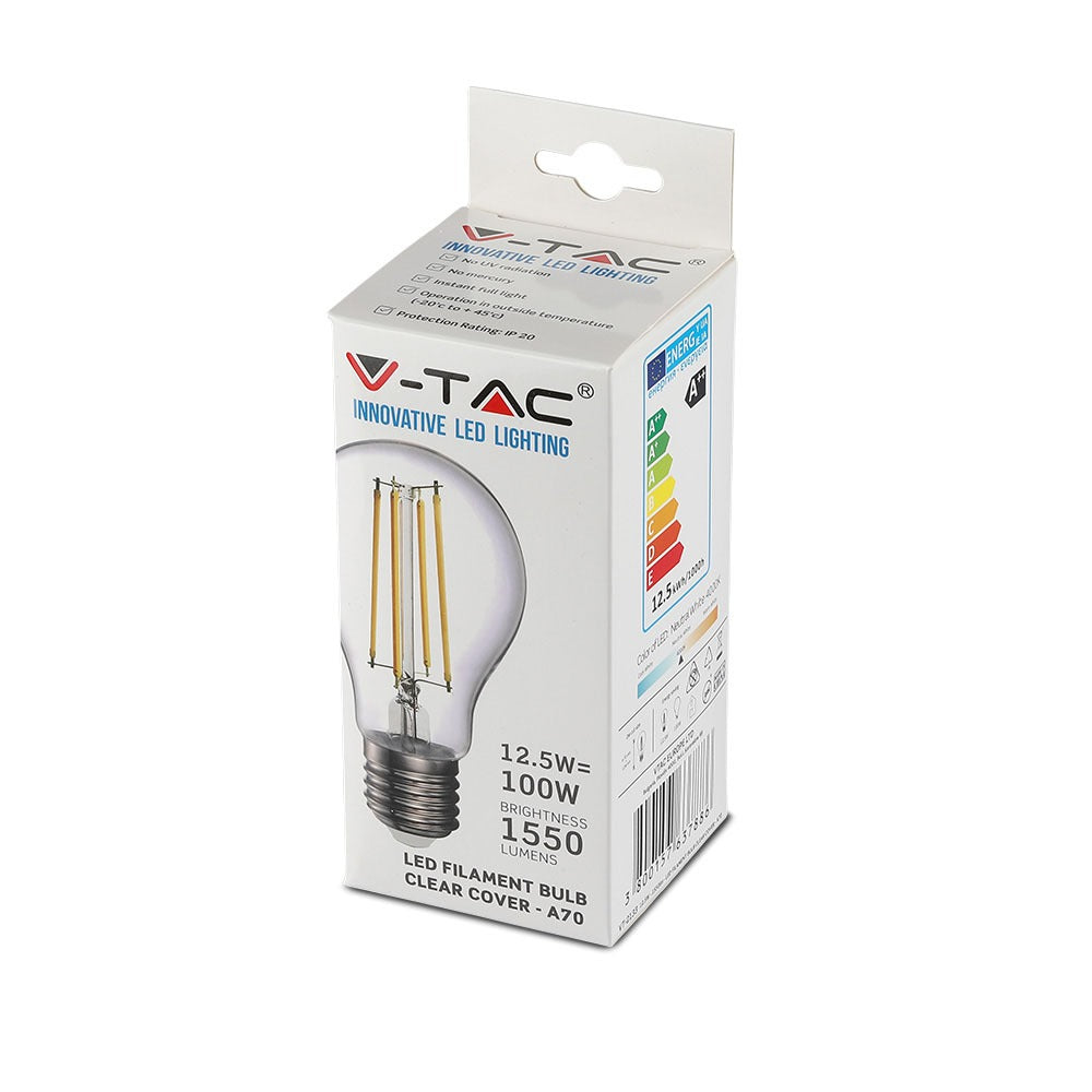 12.5W A70 Żarówka LED Filament / Klosz Transparentny / Barwa:6500K / Trzonek:E27